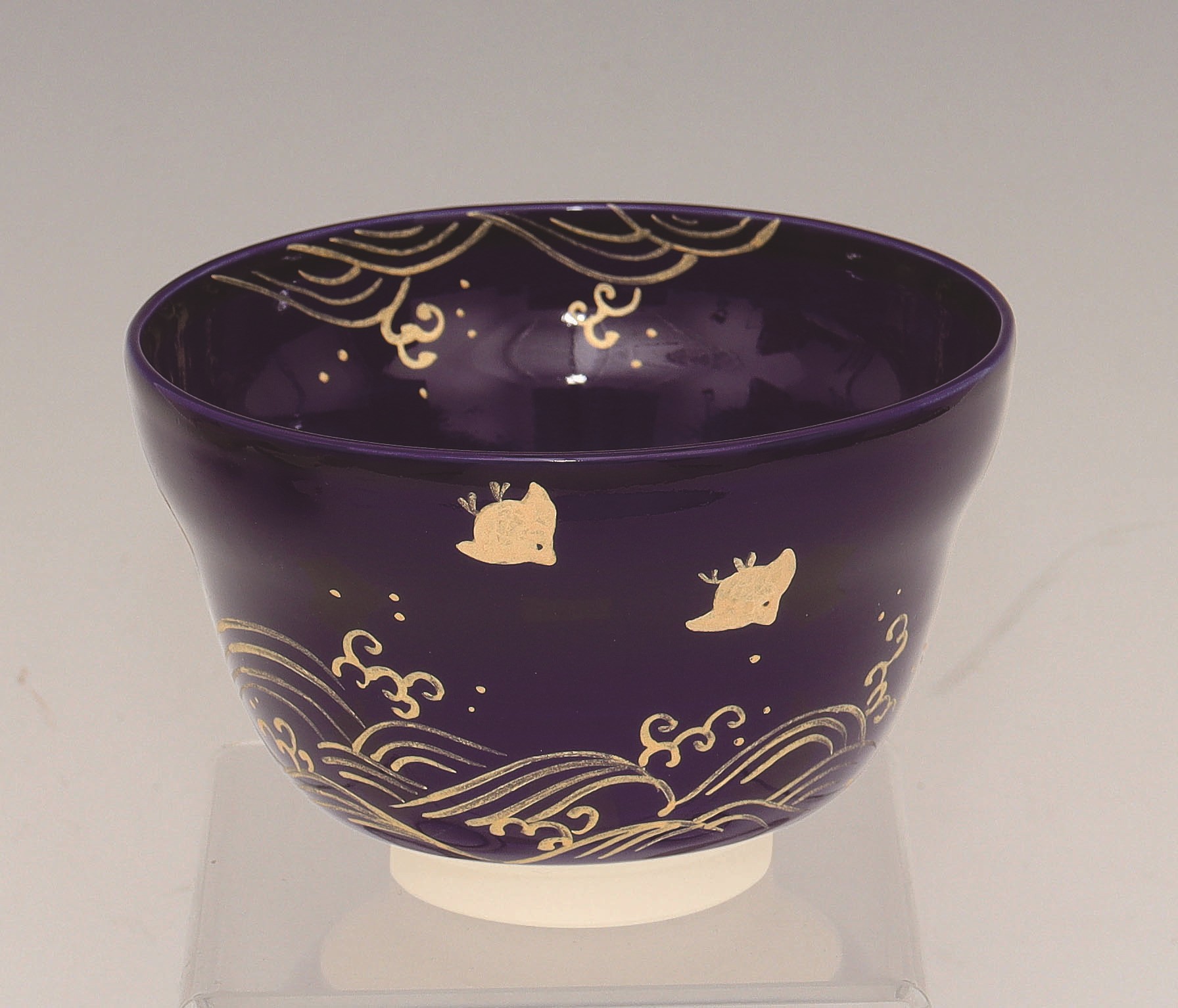 茶碗 瑠璃釉 金彩 波千鳥 加藤永山 化粧箱