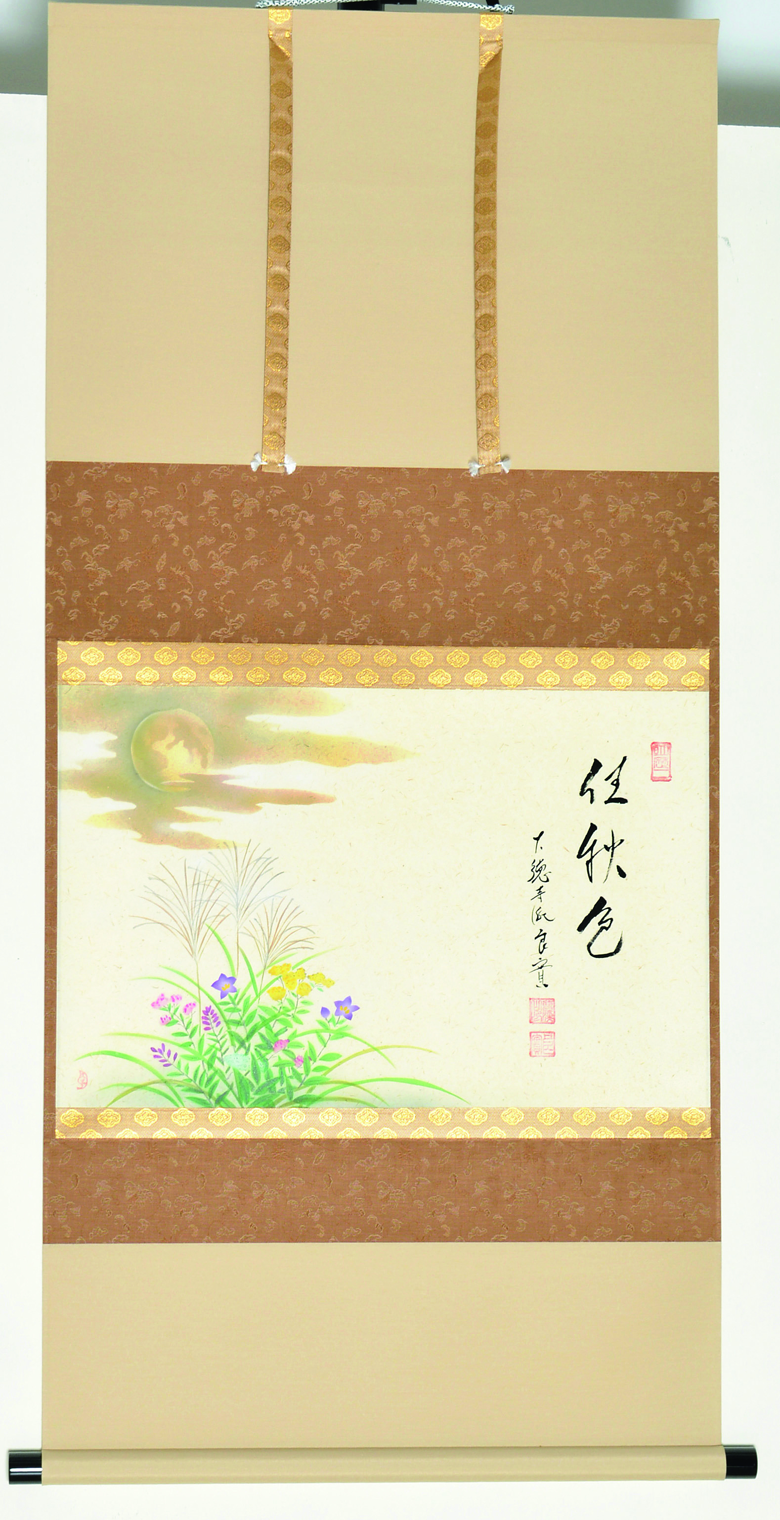 横軸　画賛　月に秋草図　「佳秋草」　小堀良寛　画　上村久志
