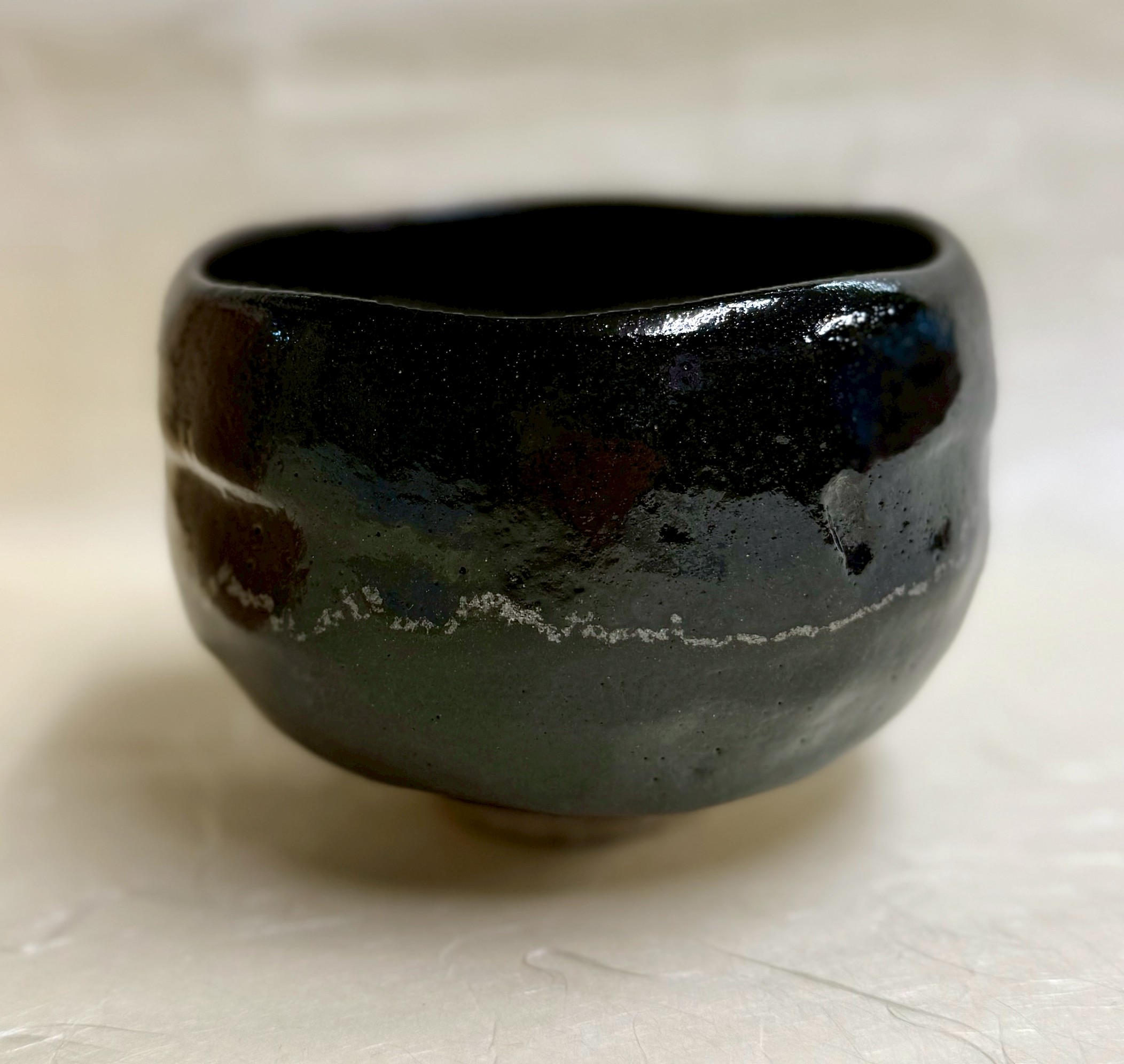 ◆古物◆茶碗　黒　白幕釉　政所窯　永興明道（後藤明堂）
