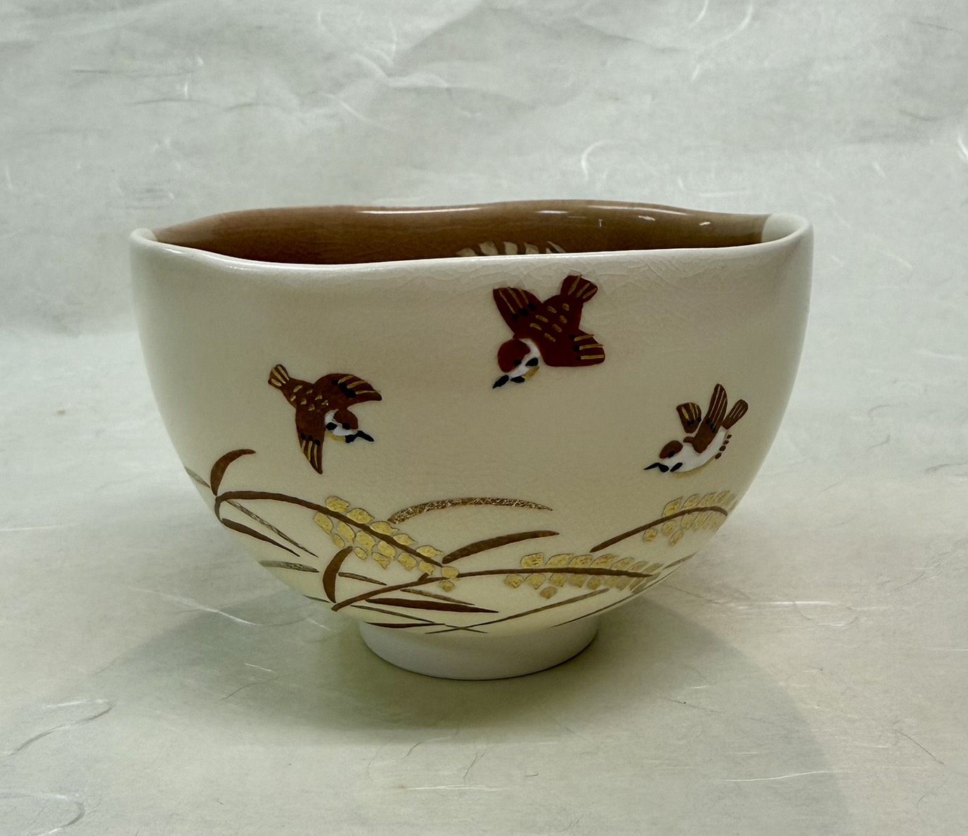 茶碗　掛分色絵　稲穂に雀　新井京華　桐箱