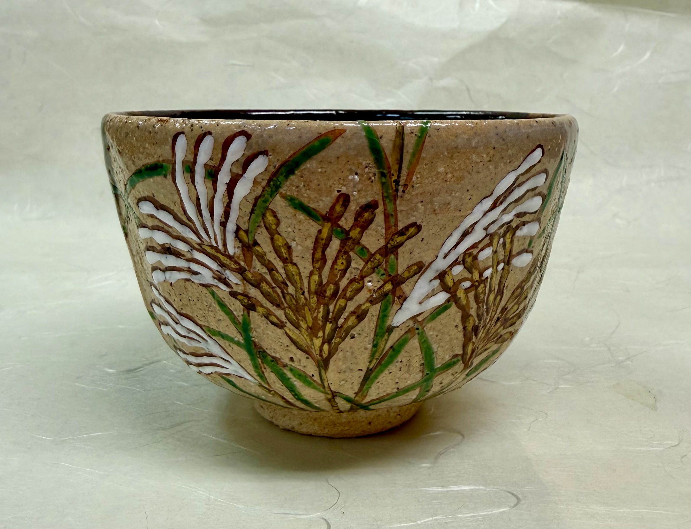 茶碗　灰釉　掛分　芒絵　中村良二　桐箱