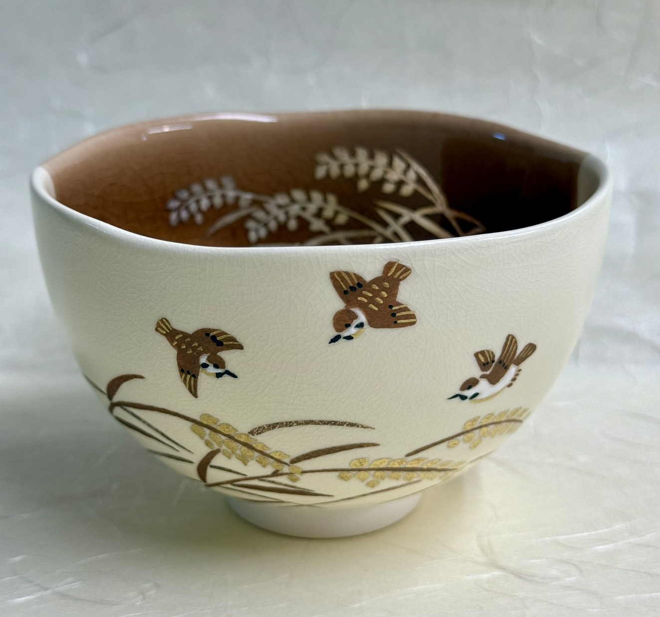 茶碗　掛分色絵　稲穂に雀　新井京華　木箱