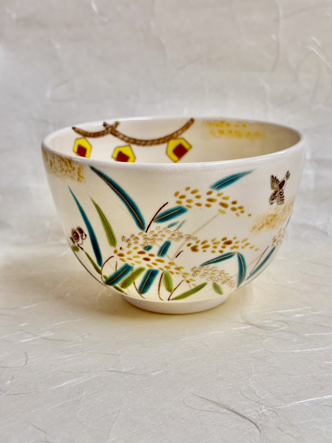 茶碗　色絵　稲穂に雀　加藤起楽　紙箱