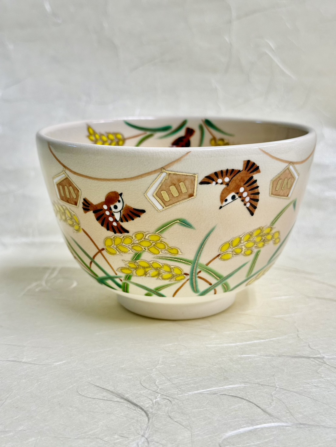 茶碗　色絵　稲穂に鳴子雀　加藤起楽　紙箱
